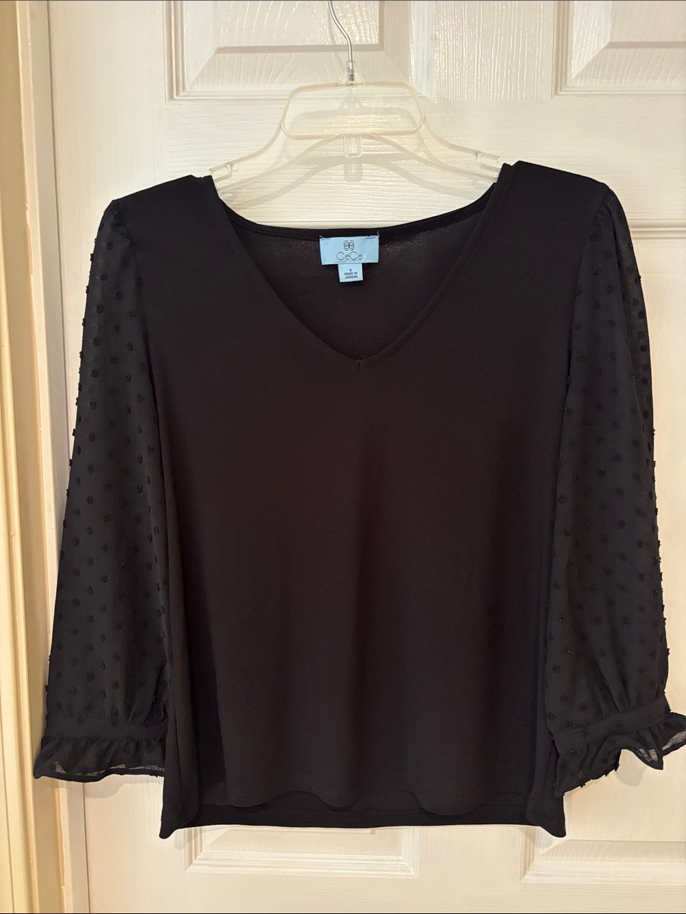 CeCe Black V-Neck Blouse with Sheer Dot Sleeves